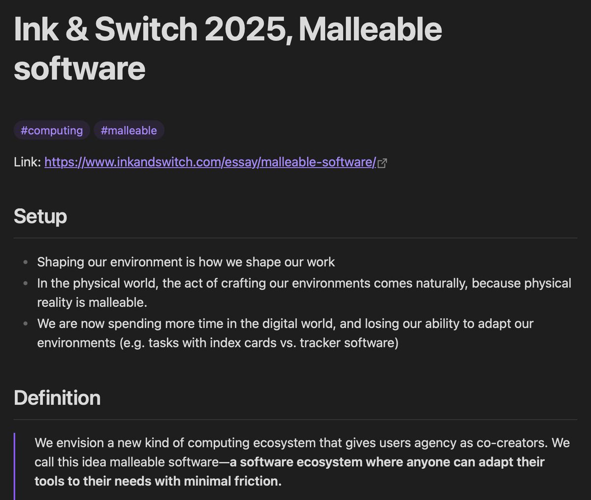 Want to amplify the "Malleable software" paper from Ink &amp; Switch – this is an important step in defining much more flexible &amp; natural paradigm for human-computer interaction

Link to the article &amp; my notes below!