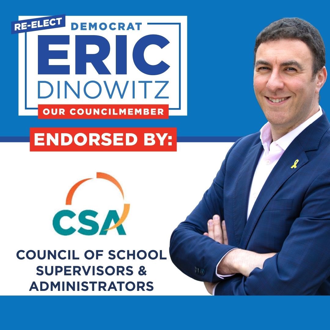 EricDinowitz's tweet image. I’m excited to announce I’ve been endorsed by the CSA, representing over 16,000 principals and assistant principals, supervisors, and other education administrators across NYC public schools.