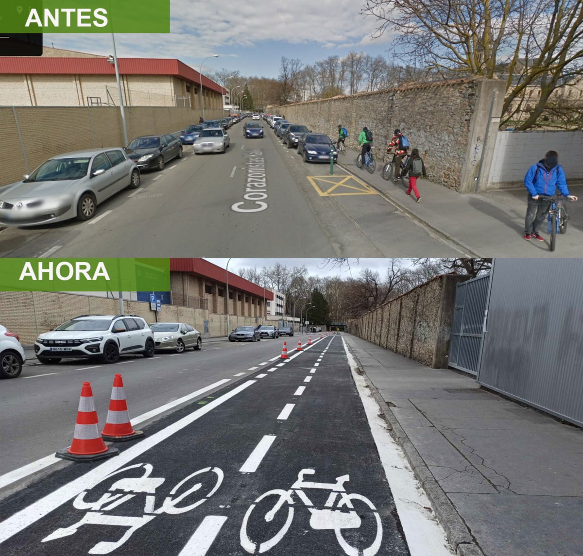 Los carriles bici en los entornos escolares permiten desplazarse con mucha más seguridad a los colegios. 
Colegio Coras, Vitoria.