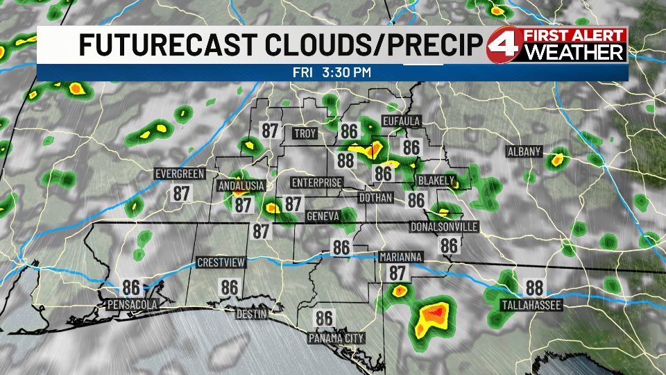 Little will change in our weather pattern over the coming days. Daily pop-up showers and thunderstorms will be with us Thursday and Friday and through the weekend. The activity will be scattered, though. Some spots may see some rain everyday, while other spots will miss out. If