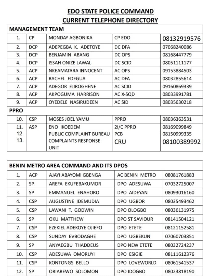 YamuJoel's tweet image. Here are the contact numbers of officers of @EdoPoliceNG