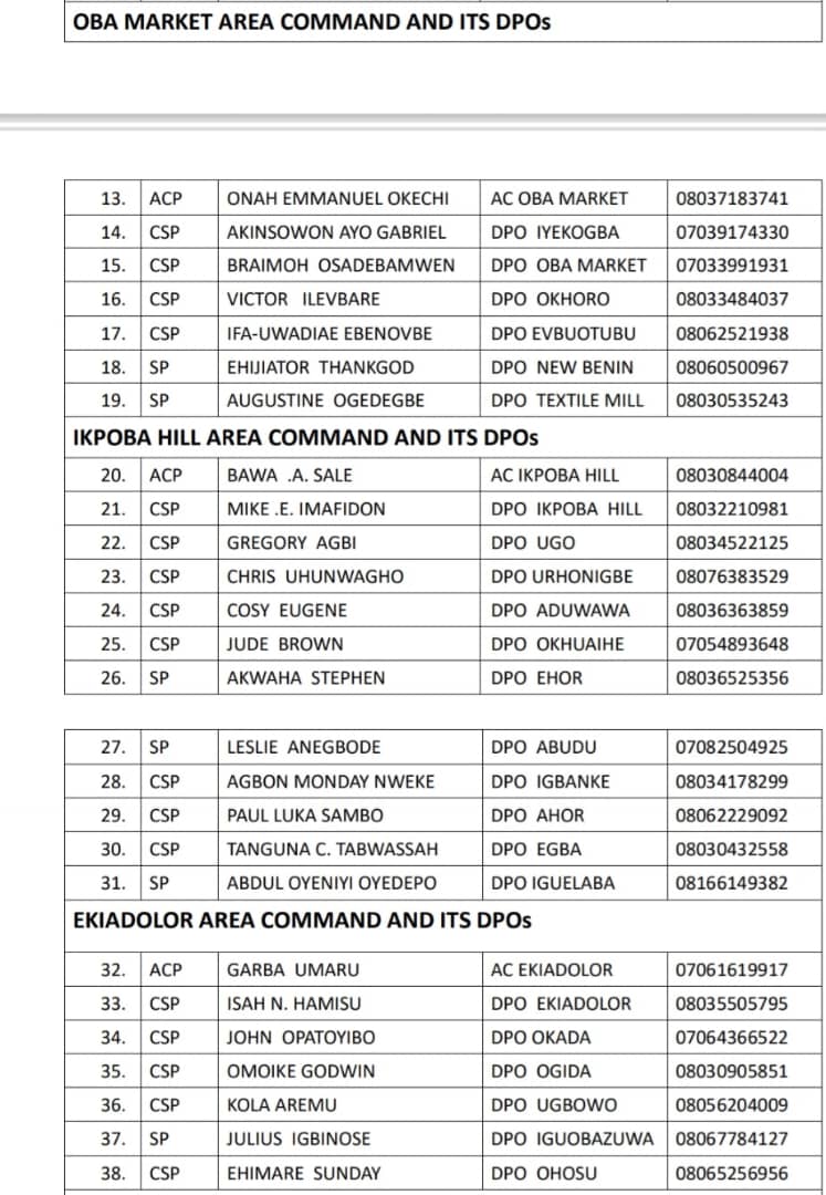 YamuJoel's tweet image. Here are the contact numbers of officers of @EdoPoliceNG