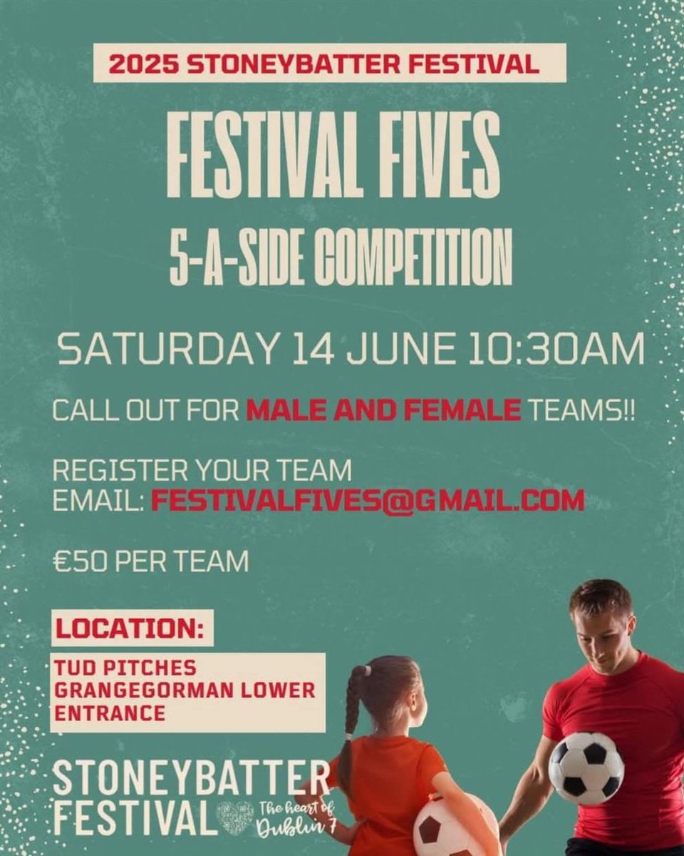 Stoneybatter Pride of Place (@stoneybatterpop) on Twitter photo Get your 5 a side team in for #stoneybatterfestival!
Make & female teams welcome ⚽️
Great craic & great prizes.
📅 Sat 14 June 10.30am
📧 Register ➡️ festivalfives@gmail.com.
€50/team
📍TUD Pitches Grangegorman
Plus more sport events all weekend
Pls RT
stoneybatterfestival.ie Get your 5 a side team in for #stoneybatterfestival!
Make & female teams welcome ⚽️
Great craic & great prizes.
📅 Sat 14 June 10.30am
📧 Register ➡️ festivalfives@gmail.com.
€50/team
📍TUD Pitches Grangegorman
Plus more sport events all weekend
Pls RT
stoneybatterfestival.ie
