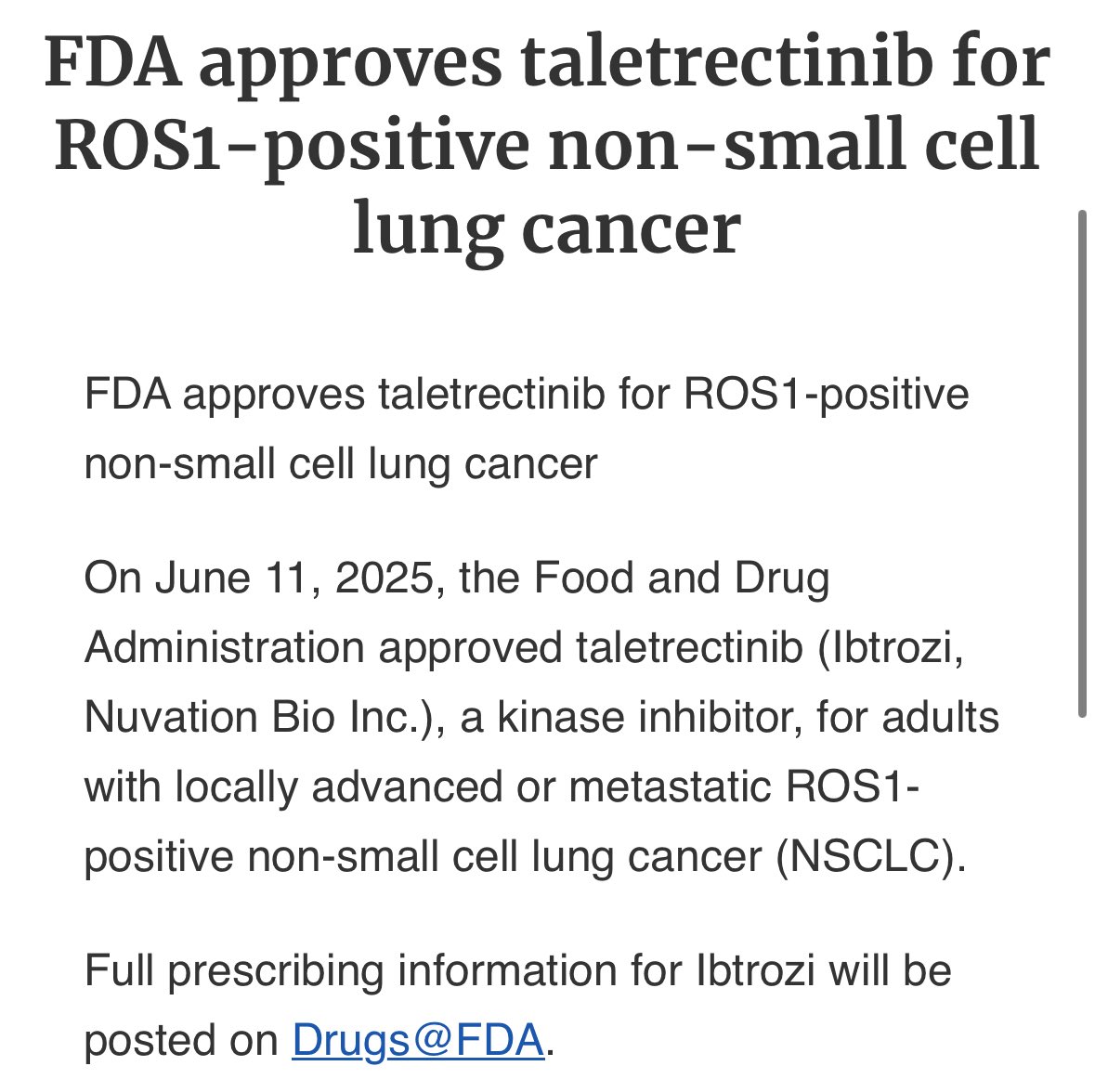 Breaking in #LungCancer:
FDA has approved taletrectinib (Ibtrozi) for adults with ROS1-positive NSCLC (locally advanced or metastatic) as of June 11 2025
A new targeted option joins the fight
📌 Developed by Nuvation Bio
<a href="/ASCO/">ASCO</a> <a href="/Arthur_Aung/">Arthur Aung</a> <a href="/HemOncFellows/">Hem-Onc Fellows Network</a> <a href="/dominicandoc2/">Abner Antonio Murray, MD PhD</a> <a href="/oncodaily/">OncoDaily</a>