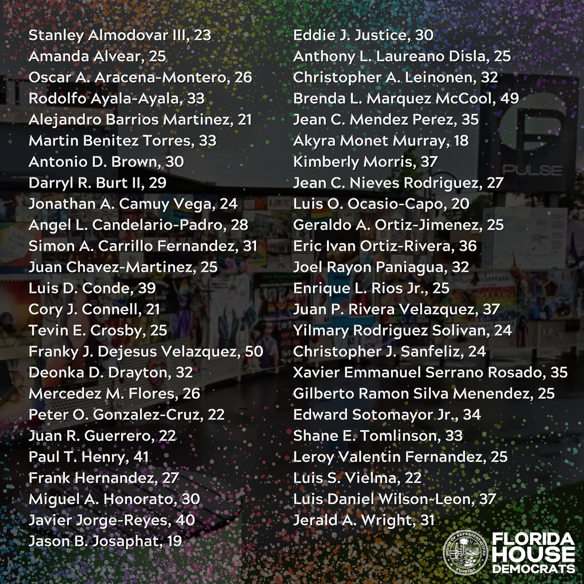 Today, we remember the 49 beautiful souls taken from us at Pulse Nightclub, a place many called a sanctuary of love, identity, and joy. We honor them by refusing to forget, by choosing love over hate, and by fighting every day for a safer, more inclusive Florida. 🏳️‍🌈🕊️