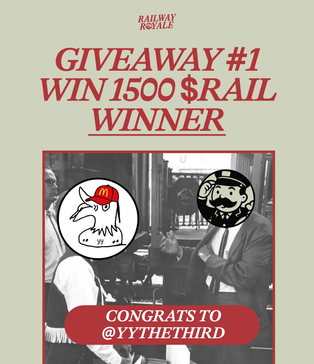 RailwayRoyale's tweet photo. 🚨 WINNER ALERT 🚨 
CONGRATS TO @yythethird FOR BEING OUR FIRST GIVEAWAY WINNER!! YOU JUST GOT 1500 $RAIL 

Don't fret everyone, the next giveaway starts in 10 minutes and it's even bigger than the last!