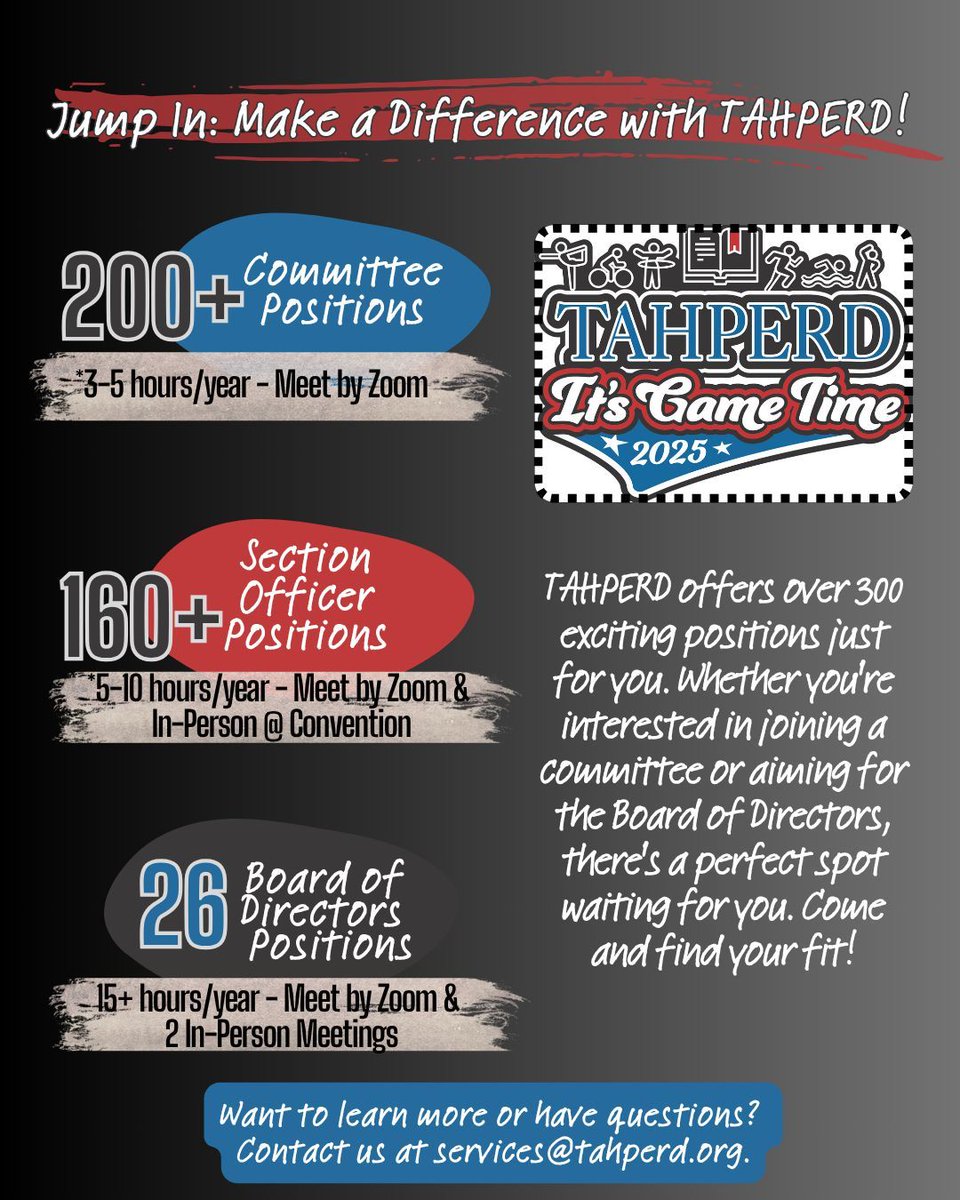 Texas AHPERD (@texahperd) on Twitter photo Jump-in: Make a difference with TAHPERD! Get involved as a Committee Member or Section Officer with over 360 opportunities available. The deadline is July 31st! Sign up via your member portal or contact services@tahperd.org. #Lead4Impact #TexAHPERD #ActNow Jump-in: Make a difference with TAHPERD! Get involved as a Committee Member or Section Officer with over 360 opportunities available. The deadline is July 31st! Sign up via your member portal or contact services@tahperd.org. #Lead4Impact #TexAHPERD #ActNow