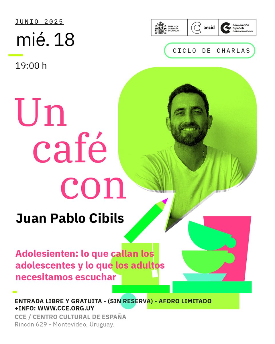 Tengo una invitación para hacerte, si sabes de interesados podes RT😃

📅Miércoles 18/6 19.00 h
📍En <a href="/ccemontevideo/">Centro Cultural de España en Montevideo</a> 
☕️🗣️ Charla y café para conversar sobre adolescentes
🎫 ¡Entrada libre y por orden de llegada!

cce.org.uy/evento/un-cafe…