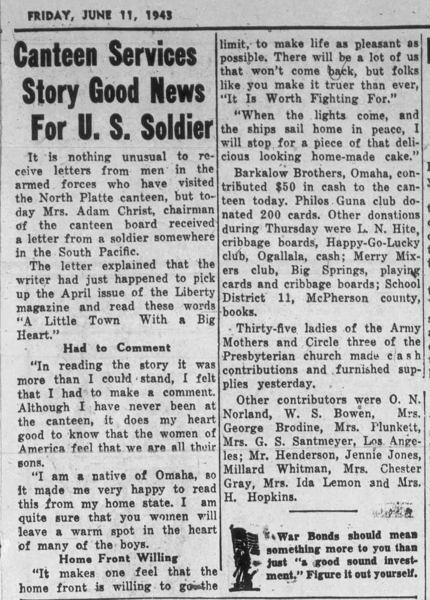 #OTD in NE History:  In 1943, on the front page of the Cozad Local, the community’s men announced they were prepared with sufficient funds to operate a “Cozad Day” at the #NorthPlatteCanteen on #FathersDay. Although, they welcomed donations of homemade birthday cakes—a “great