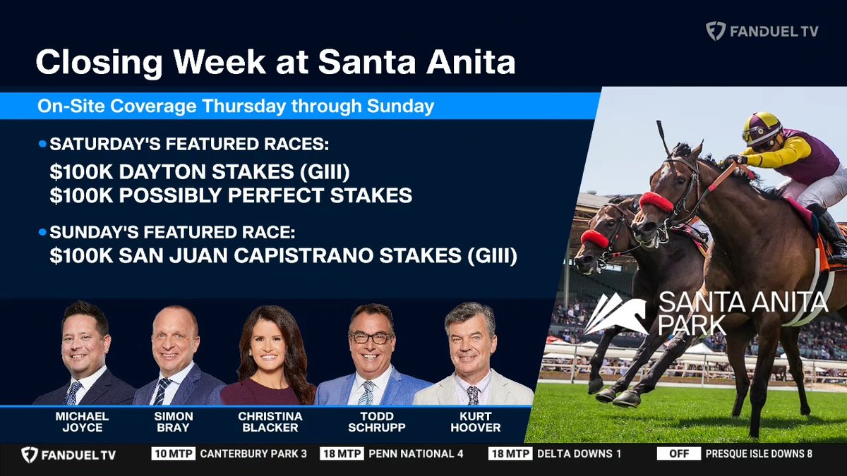 FanDuel Racing (@fanduel_racing) on Twitter photo It's closing week at Santa Anita. We will continue on our on-site coverage starting on Thursday with <a href="/FanDuelTVMike/">TV's Mike Joyce</a>, <a href="/FanDuelTVSimon/">Simon Bray</a>, <a href="/ChristinaFDTV/">Christina Blacker</a>, <a href="/ToddTVG/">Todd Schrupp</a>, and Kurt Hoover.
Watch on <a href="/FanDuelTV/">FanDuel TV</a>. It's closing week at Santa Anita. We will continue on our on-site coverage starting on Thursday with <a href="/FanDuelTVMike/">TV's Mike Joyce</a>, <a href="/FanDuelTVSimon/">Simon Bray</a>, <a href="/ChristinaFDTV/">Christina Blacker</a>, <a href="/ToddTVG/">Todd Schrupp</a>, and Kurt Hoover.
Watch on <a href="/FanDuelTV/">FanDuel TV</a>.