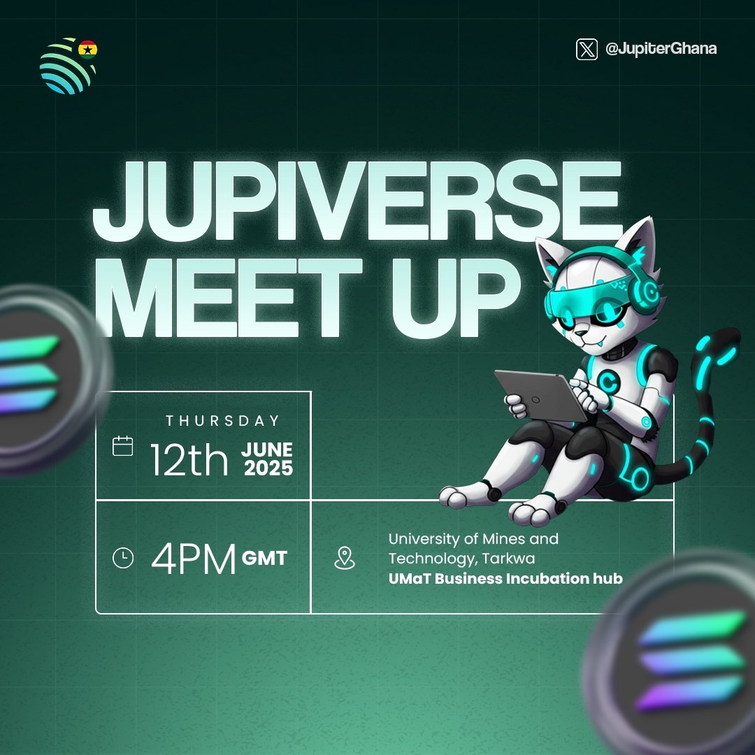 JupGhana's tweet image. JM cats 🪐 

Super excited to announce the first Jupiverse Meetups in Ghana!!

More interesting, is it's happening in two cities on the same day, Thursday June 12.

✅ Accra
Time: 11am 

✅ Tarkwa
Time: 4pm 

Let's turn up and come experience the Jupiverse 
#JupiverseMeetsGhana