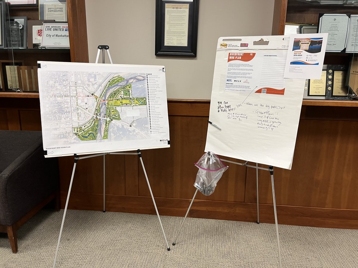 We want to hear from you! Leave us feedback on the #RiverfrontMHK Vision Plan:
• mhkprd.com/riverfrontform
• Leave a comment on the plan boards (pictured below) at City Hall, 1101 Poyntz Ave.

Learn more about the plan at mhkprd.com/riverfrontplan or riverfrontmhk.com!