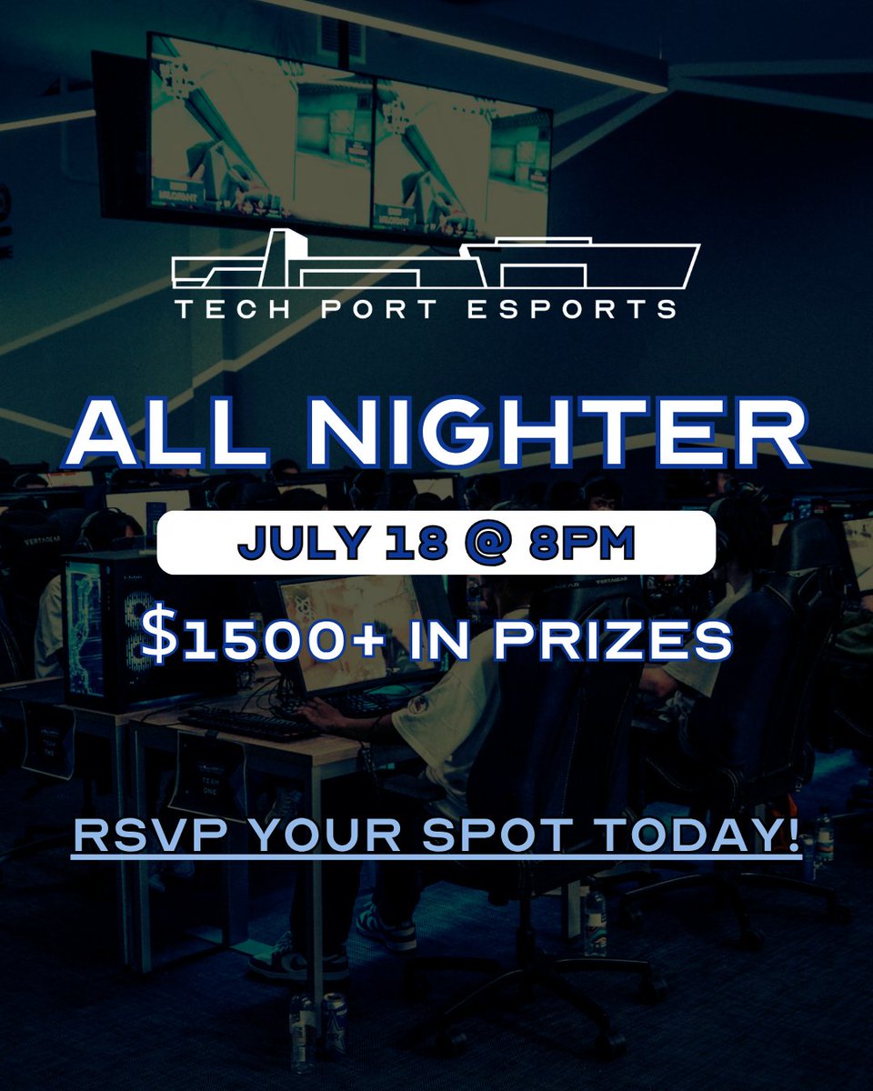 Tech Port Esports (@techportesports) on Twitter photo OUR NEXT ALL NIGHTER IS HERE!! 😎 
Join us for all night gaming, side events, & raffles!
WE HAVE $1500+ IN PRIZES FOR THE COMMUNITY!!
RSVP for a spot today. 60 seats available.
RSVP/FAQ: forms.gle/vuUnwyfWgbEFWn… OUR NEXT ALL NIGHTER IS HERE!! 😎 
Join us for all night gaming, side events, & raffles!
WE HAVE $1500+ IN PRIZES FOR THE COMMUNITY!!
RSVP for a spot today. 60 seats available.
RSVP/FAQ: forms.gle/vuUnwyfWgbEFWn…
