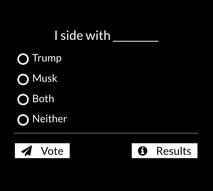 SharylAttkisson's tweet photo. (POLL) Do you side with Trump or Musk?

🗳️ Go to https://t.co/3duSZQkG4m now to take part in the poll.
📱 On mobile, scroll down to find it — or look for the black poll box on the homepage. https://t.co/Ax4VyghLcZ