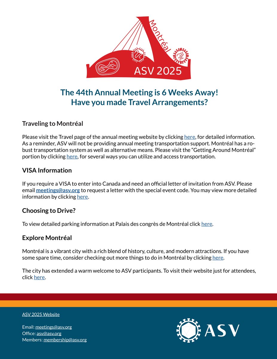 ✈️ Heading to ASV 2025 in Montréal?
 The 44th Annual Meeting is just 6 weeks away! 
 Visit the official ASV 2025 site for details: asv.org/asv2025/

Looking forward to seeing the virology community in Montréal!
#ASV2025 #Virology #Montréal #TravelTips #ASV