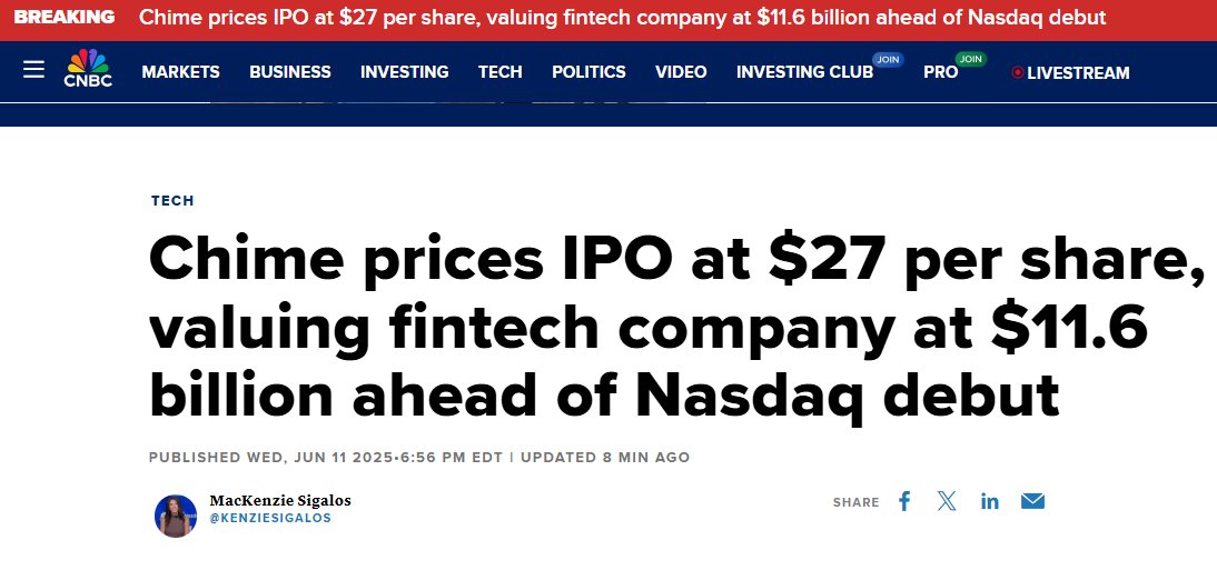 Chime priced at $27 $CHYM