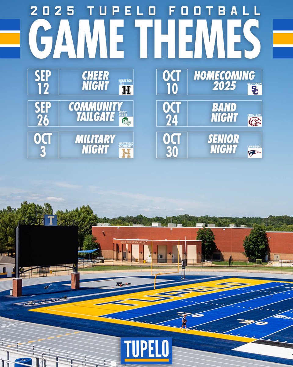Tupelo Athletics (@tupeloathletics) on Twitter photo ๐จ๐
๐ ๐๐๐ก๐๐๐ฎ๐ฅ๐ ๐๐ฉ๐๐๐ญ๐ | #๐๐จ๐๐๐ฏ๐
<a href="/TupFB/">Tupelo High Football</a>โs Senior Night game vs. Lewisburg will be moved from Oct. 31st to Oct. 30th. ๐จ๐
๐ ๐๐๐ก๐๐๐ฎ๐ฅ๐ ๐๐ฉ๐๐๐ญ๐ | #๐๐จ๐๐๐ฏ๐
<a href="/TupFB/">Tupelo High Football</a>โs Senior Night game vs. Lewisburg will be moved from Oct. 31st to Oct. 30th.
