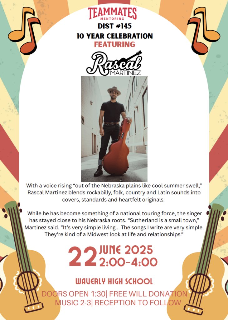 TEAMMATES 10 year Celebration is scheduled for June 22 from 2:00-4:00pm and will feature the wonderful sounds from Rascal Martinez!! We hope to see you there!