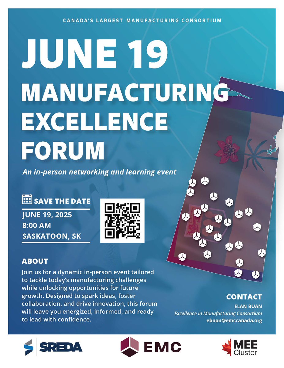 Attention Saskatchewan manufacturers!
It's one week away. The Excellence in Manufacturing Forum in Saskatoon. Register via QR code below. <a href="/EMCCanadaMFG/">Excellence in Manufacturing Consortium</a> <a href="/SREDA_SK/">SREDA</a>