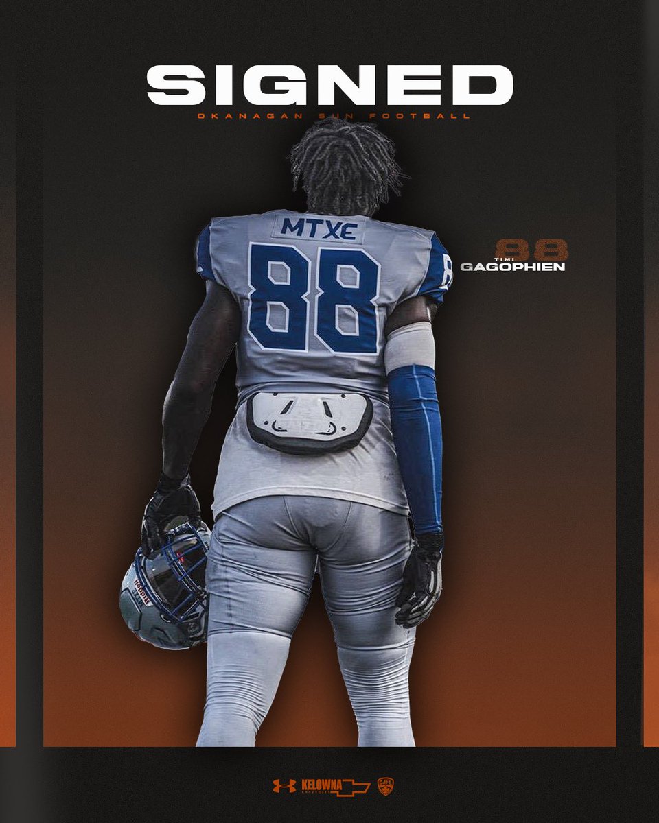 Okanagan Sun (@okanagan_sun) on Twitter photo The Okanagan Sun is very excited to announce the signing of Timi Gagophien <a href="/TGagophien/">Timi Gagophien</a>
Name: Timi Gagophien
Position: Offensive Tackle
Hometown: Sudbury, ON
Previous Team: Kilgore College <a href="/kilgorecollege/">kilgorecollege</a> The Okanagan Sun is very excited to announce the signing of Timi Gagophien <a href="/TGagophien/">Timi Gagophien</a>
Name: Timi Gagophien
Position: Offensive Tackle
Hometown: Sudbury, ON
Previous Team: Kilgore College <a href="/kilgorecollege/">kilgorecollege</a>