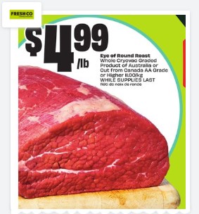 FoodProfessor's tweet image. Two eye of round deals this week. 

LEFT: $10.99/lb, CANADIAN, trimmed, better marbled.

RIGHT: $4.99/lb, AUSTRALIAN, whole. 

Same cut? Yes. 

Same quality? Not quite. You're paying for prep, marbling, and origin. But Australian beef is cheaper. 

#CdnAg #MeatMath #FoodEconomics