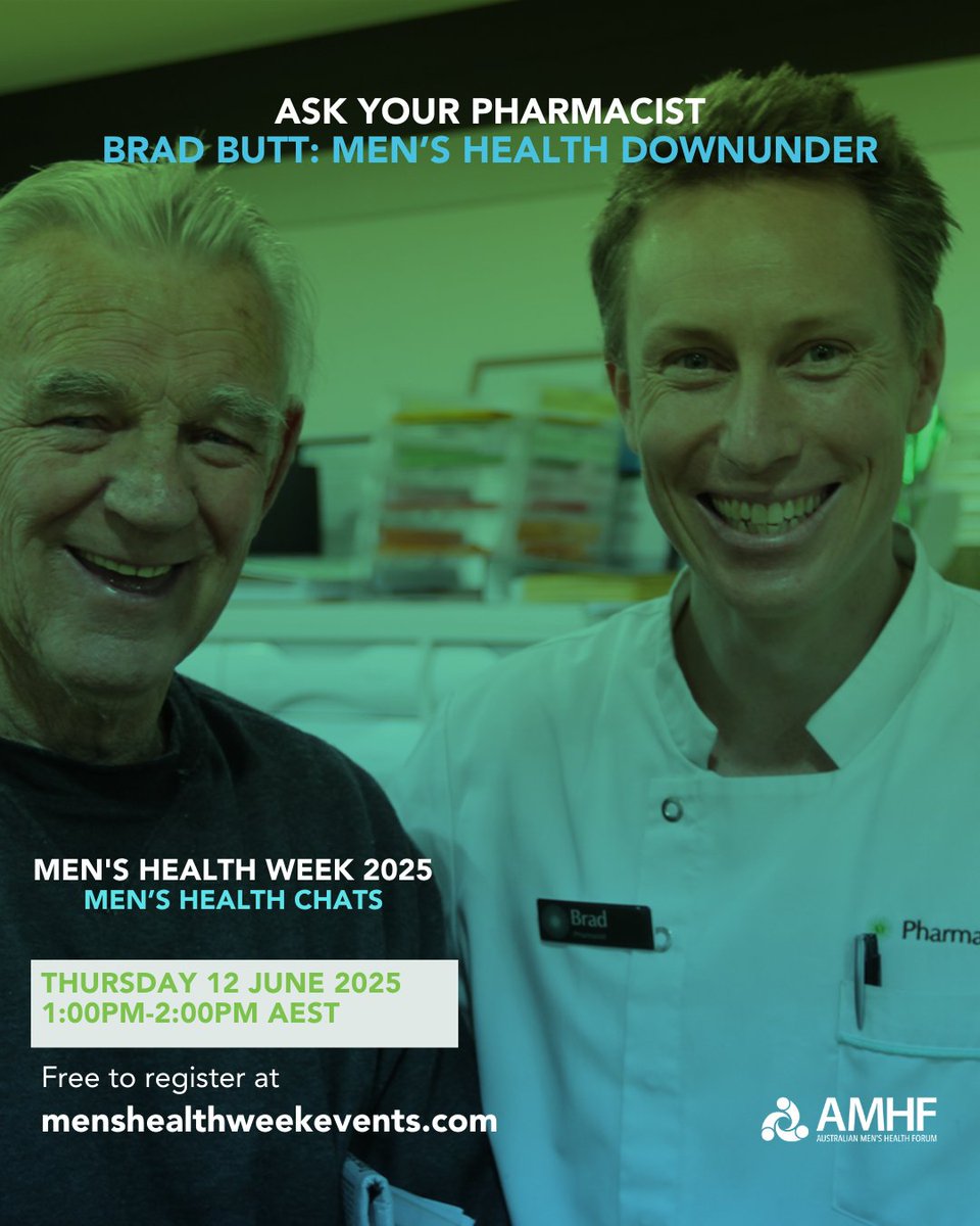 Men's Health Forum (@menshealthamhf) on Twitter photo Today's Men's Health Chat is with Men' s Health Downunder community Pharmacist Brad Butt. It's titled, 'Man, you can't ask a pharmacist that!' Or, can you?  #menshealthweek
Join us at 1pm AEST. bit.ly/3ZuVMoF Today's Men's Health Chat is with Men' s Health Downunder community Pharmacist Brad Butt. It's titled, 'Man, you can't ask a pharmacist that!' Or, can you?  #menshealthweek
Join us at 1pm AEST. bit.ly/3ZuVMoF