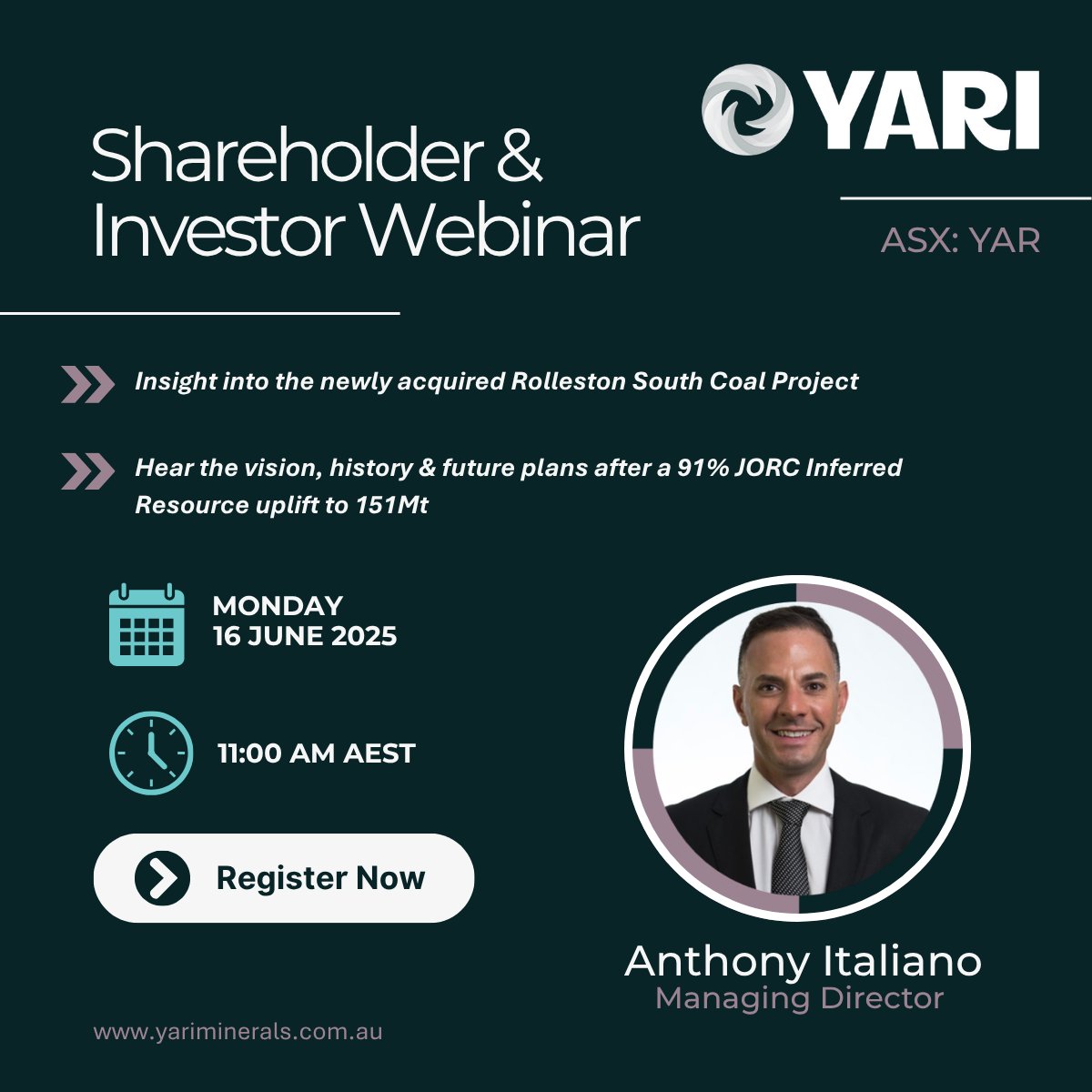 📢 Join us for the Yari Minerals Investor Webinar

$YAR MD Anthony Italiano will outline the strategic vision for the Rolleston South Coal Project, following a 91% increase in the JORC Inferred Resource to 151Mt.

📅 Monday 16 June 2025
🕚 11AM AEST / 9AM WST
🔗 Register here: