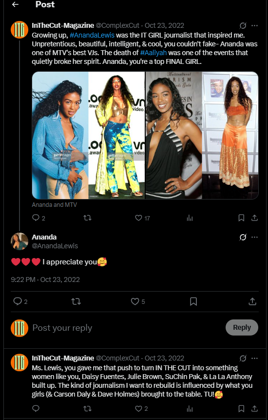 ComplexCut's tweet image. I don't know what to say as I pen this tweet, but #AnandaLewis meant the world to me as a teenager. She was one of my truly favorite FINAL GIRLS and the epitome of journalism. I aspired to be like her, with that effortless swagger combined with intelligence. My heart hurts. RIP.