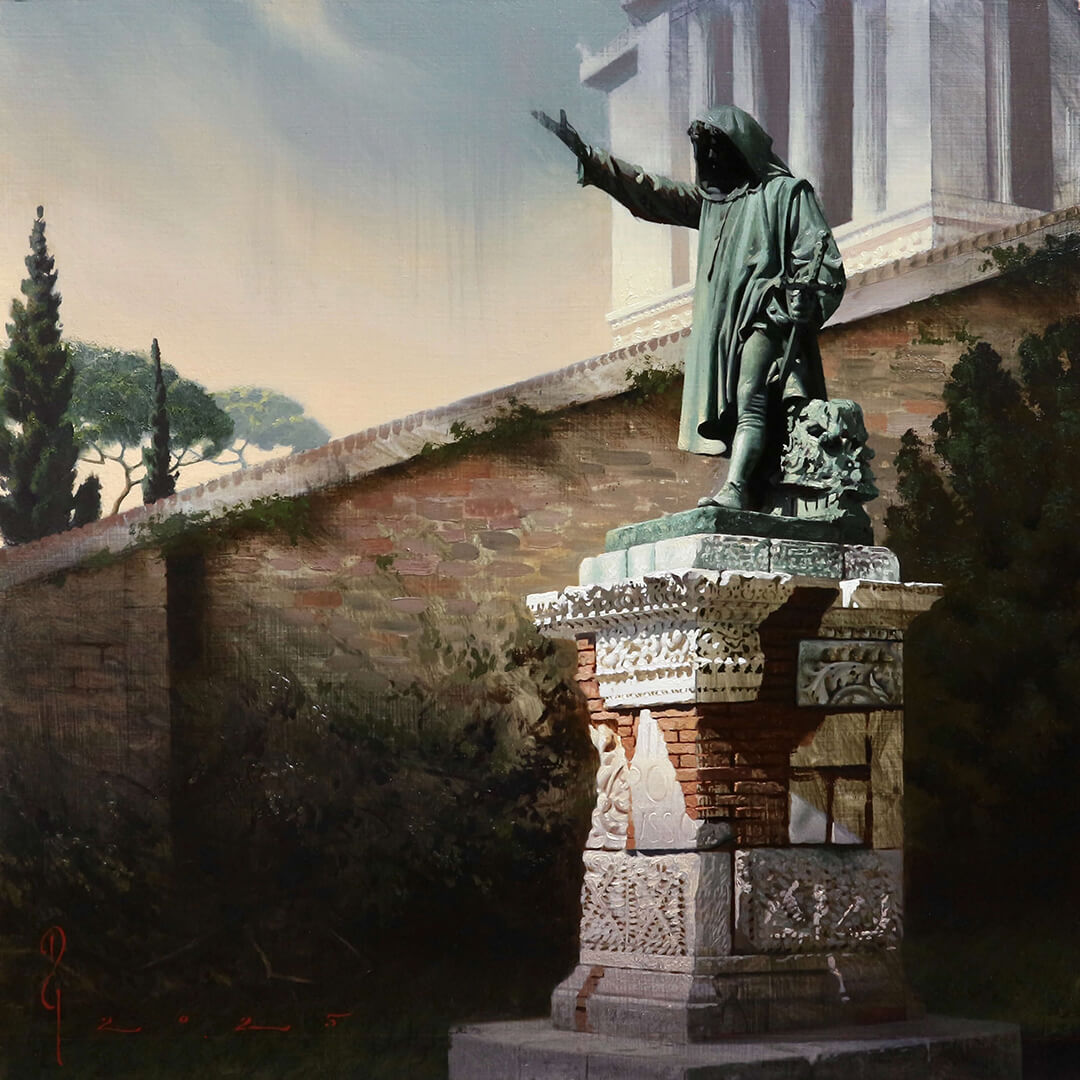 Diego Glazer's "The Tyrant's Shadow" depicts Cola di Rienzo's monument. 14th-century Roman leader who brought justice then became cruel. Oil on panel, 12 × 12 in.

Tap our bio link to explore more by this artist.