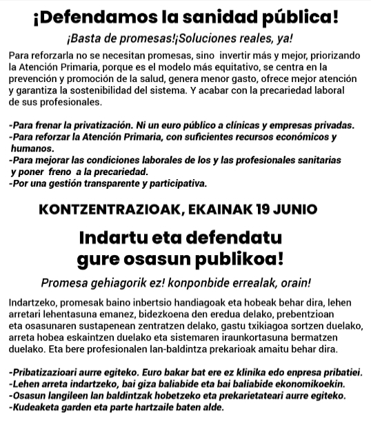𝗘𝗟𝗞𝗔𝗥𝗥𝗘𝗧𝗔𝗥𝗔𝗧𝗭𝗘𝗔
𝗜𝗻𝗱𝗮𝗿𝘁𝘂 𝗲𝘁𝗮 𝗱𝗲𝗳𝗲𝗻𝗱𝗮𝘁𝘂 𝗱𝗲𝘇𝗮𝗴𝘂𝗻 𝗴𝘂𝗿𝗲 𝗼𝘀𝗮𝘀𝘂𝗻 𝗽𝘂𝗯𝗹𝗶𝗸𝗼𝗮‼️
Promesa gehiagorik ez! Egiazko konponbideak, orain‼️

🗓️ Ekainak 19
🕡 18:30ean
📍Lasarte-Oriako San Pedro elizaren aurrean (Elizatze plaza)
#ZSPDI