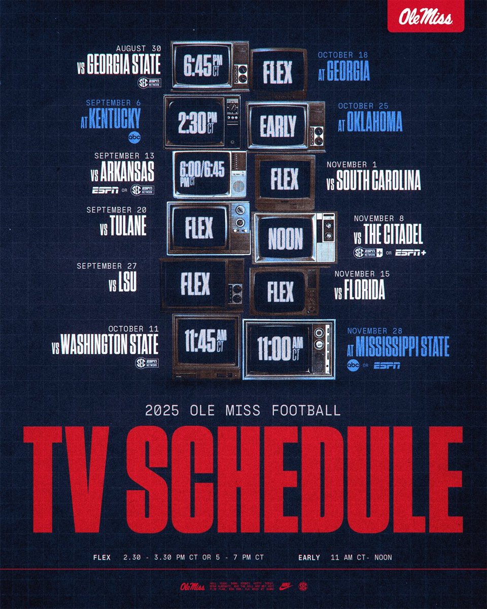Sidelines - Ole Miss (@ssn_olemiss) on Twitter photo The Official <a href="/OleMissFB/">Ole Miss Football</a> 2025 TV schedule 📺
The fall can't get here soon enough ❤️💙
#WeRunTheSip The Official <a href="/OleMissFB/">Ole Miss Football</a> 2025 TV schedule 📺
The fall can't get here soon enough ❤️💙
#WeRunTheSip
