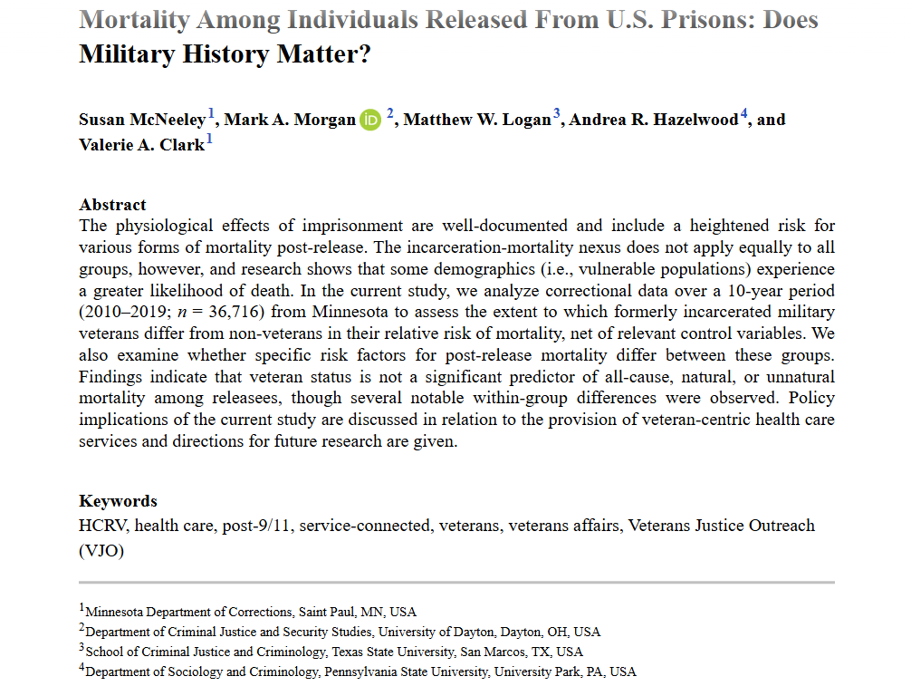 AFS_SAGE's tweet image. From our new issue: Mortality Among Individuals Released From U.S. Prisons: Does Military History Matter? - Susan McNeeley (@DrSusanMcNeeley), Mark Morgan, Matthew Logan, Andrea Hazelwood, Valerie Clark #NewIssue …urnals-sagepub-com.lib-e2.lib.ttu.edu/doi/full/10.11…