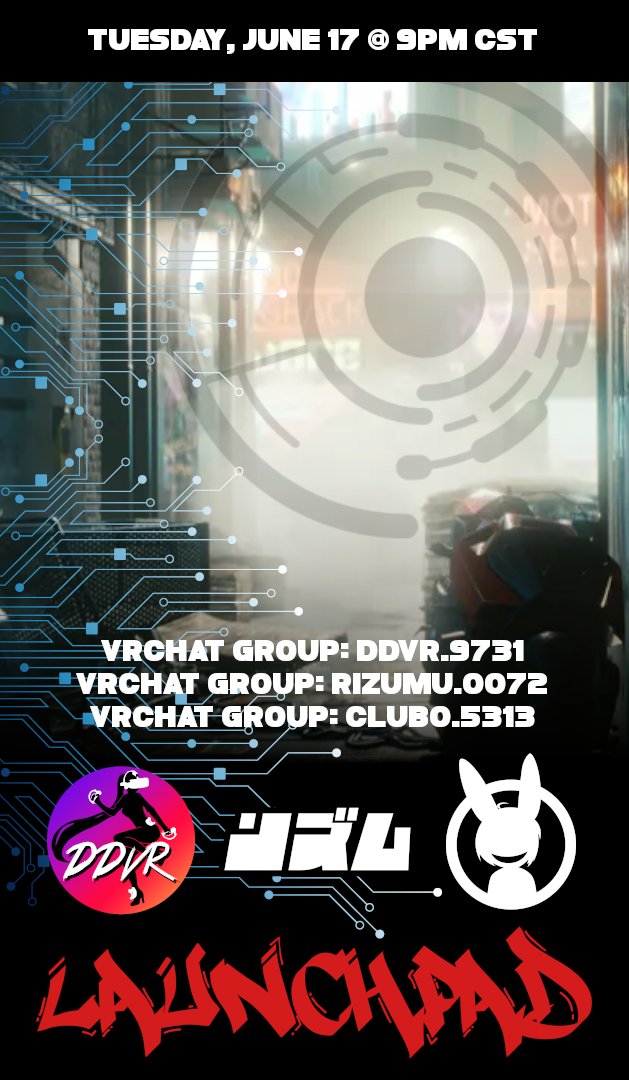 On Tuesday, June 17th @ 9PM CST, we are running our monthly collab with <a href="/Club_DDVR/">DanceDanceVR</a> and <a href="/Visit_Club_O/">C!ub O!</a> 

Join us as we celebrate new-to-us DJs at Launchpad!!

#PLUR #VRChat