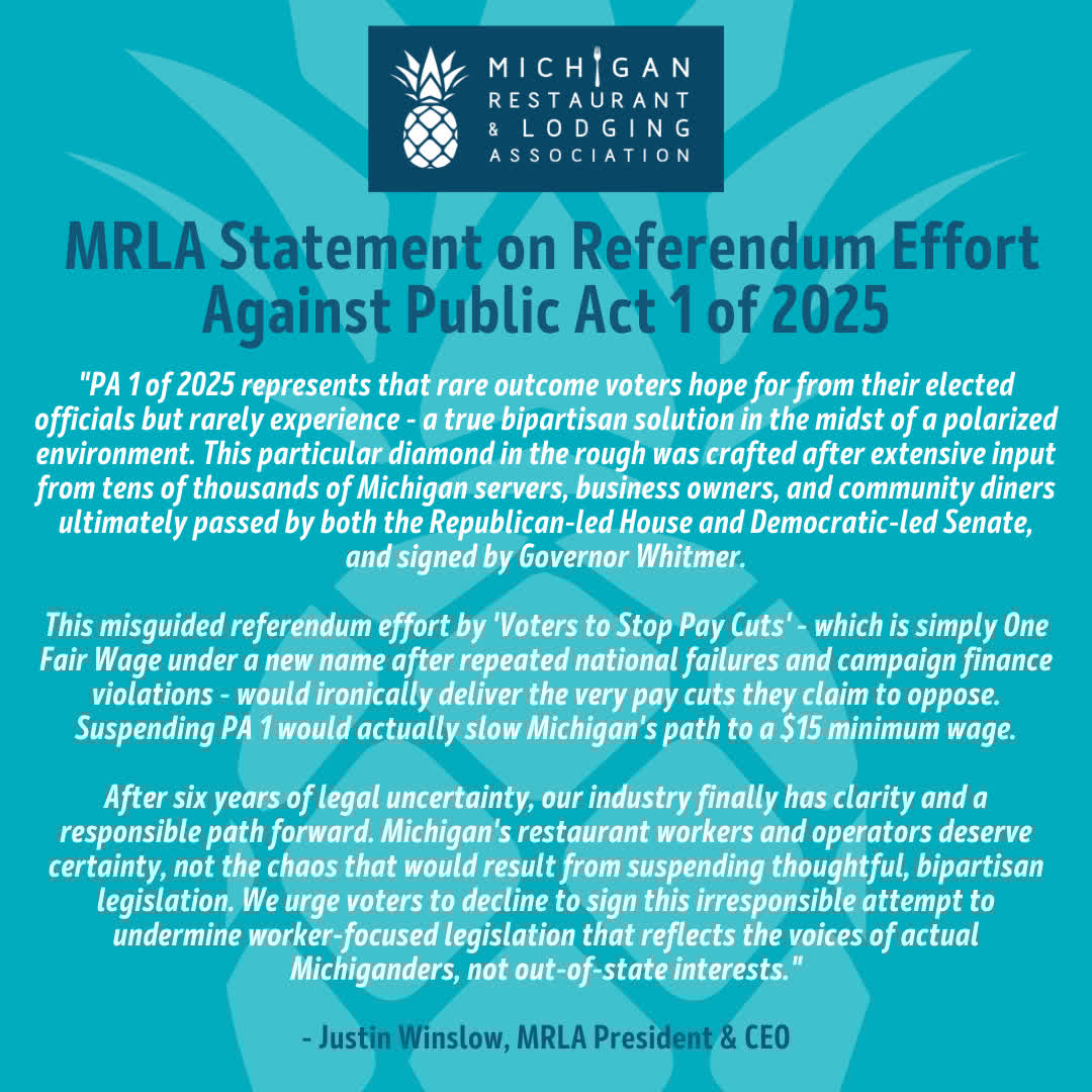 Today, a group submitted language seeking to repeal MI's bipartisan min. wage law via referendum. MRLA urges voters to decline to sign this attempt to undermine worker legislation and slows MI's path to $15 min. wage. 

📢 Statement from MRLA President &amp; CEO, Justin Winslow: