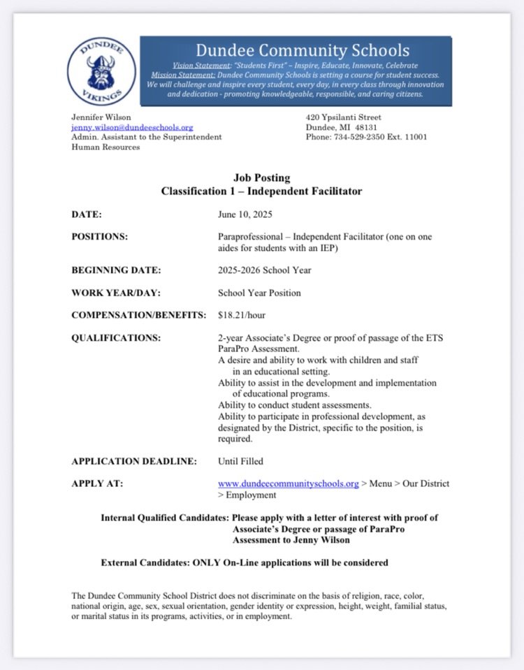 DES has an open position for a caring and positive person to join our team!