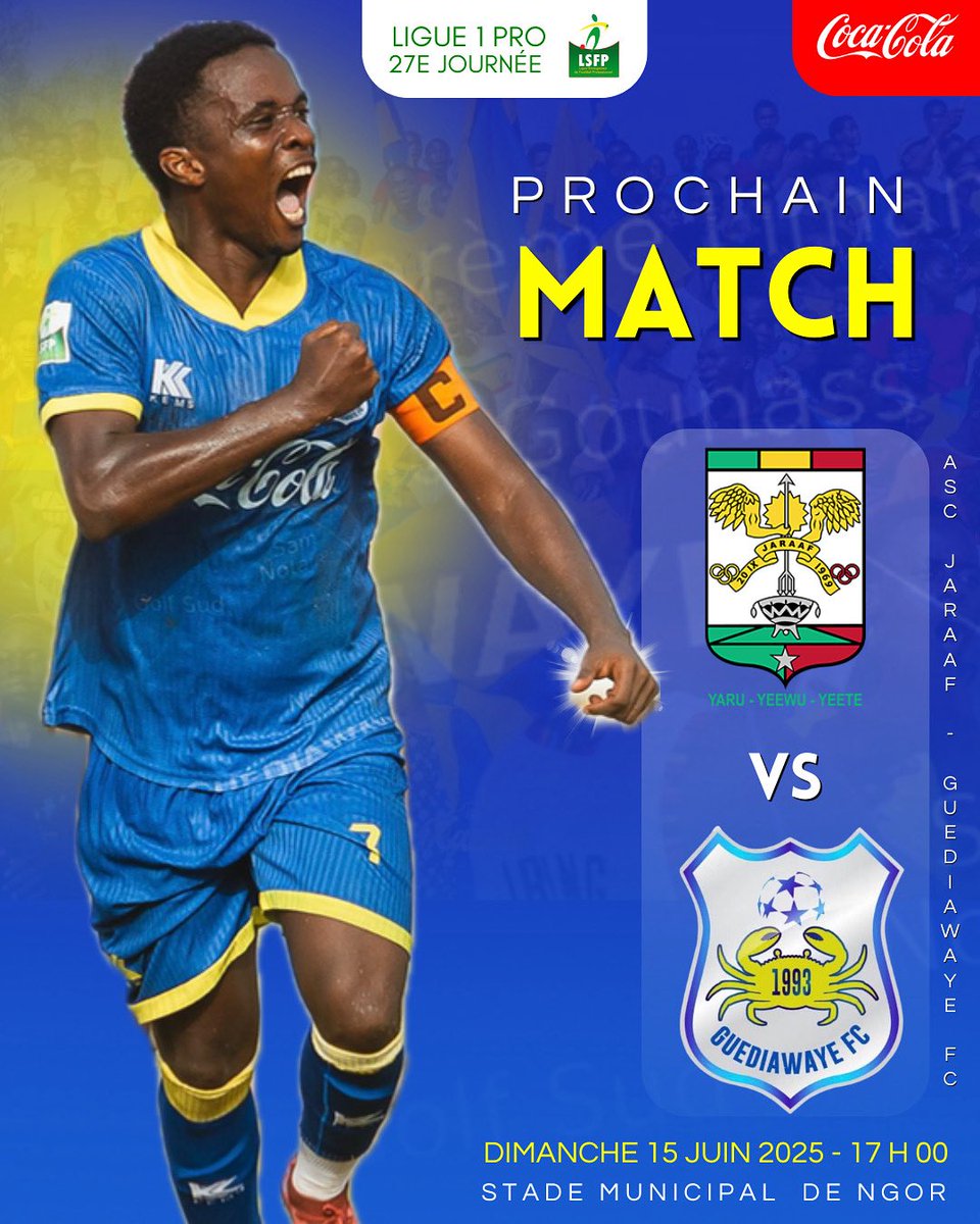 fc_guediawaye's tweet photo. P R O C H A I N M A T C H 🟡🔵✌🏾
🗓️ Dimanche 15 Juin 2025
📍 Stade Municipal de Ngor
🆚 @ASCJaraafSn
⌚️ 17 H 00
⚽️ LIGUE 1 PRO - 27ème journée
#guediawayefc #Ligue1SN #AllezLesCrabes #JRFGFC https://t.co/dfm9rRnSoa