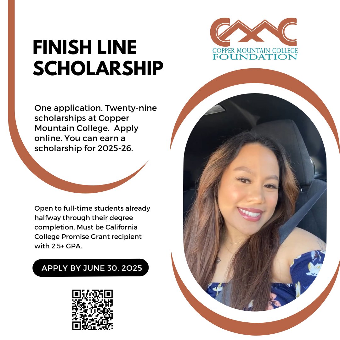 🎓 Scholarship Deadline is June 30!
CMC students — don’t miss your chance to get free money for the 2025–2026 academic year.
apply.mykaleidoscope.com/program/CMCfou…
Open to current and incoming students.  #CopperMountainCollege #CMCPride #ScholarshipOpportunity #DeadlineJune30 #ApplyNow