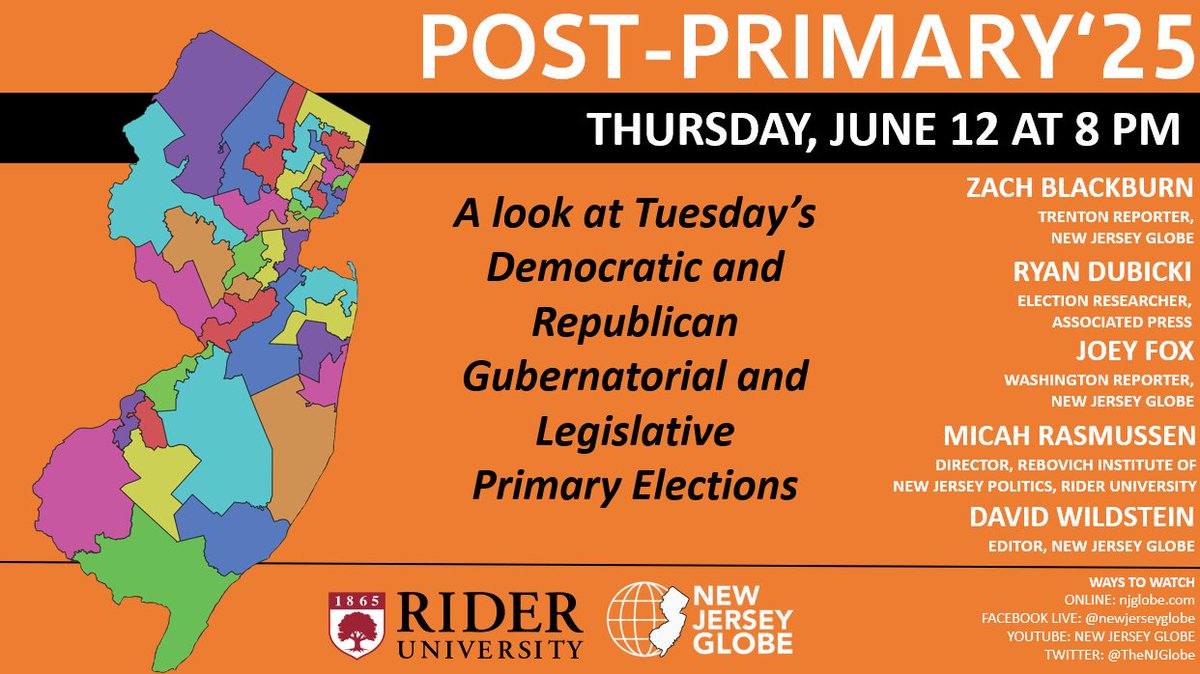 Coming up on Thursday, June 12 at 8 PM: The New Jersey Globe Post-Primary '25 review with Zach Blackburn, Ryan Dubicki, Joey Fox, Micah Rasmussen and me.