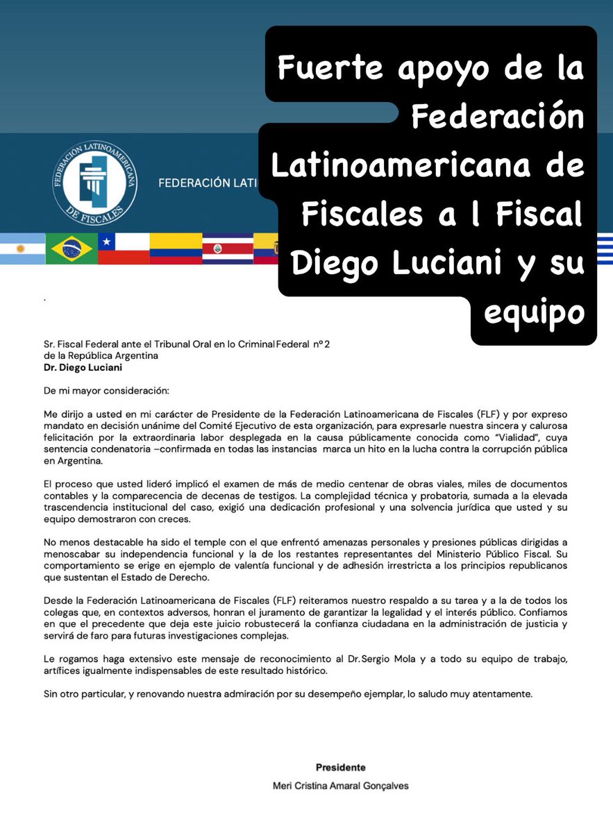 Apoyo de la Federación Latinoamericana de Fiscales al Fiscal Diego Luciani y su equipo vinculado a causa “Vialidad”.