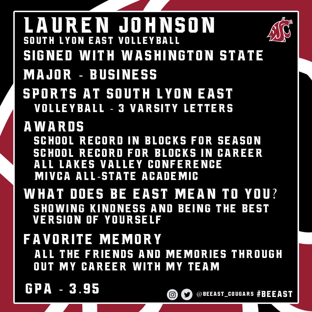 South Lyon East Athletic Department (@beeast_cougars) on Twitter photo Lauren Johnson has signed with <a href="/WSUCougars/">Washington State Cougars</a>! Lauren has been a vital member of our volleyball program breaking two school records while being a stellar student! We canโt wait to see what Lauren accomplishes out west! #BeEAST Lauren Johnson has signed with <a href="/WSUCougars/">Washington State Cougars</a>! Lauren has been a vital member of our volleyball program breaking two school records while being a stellar student! We canโt wait to see what Lauren accomplishes out west! #BeEAST