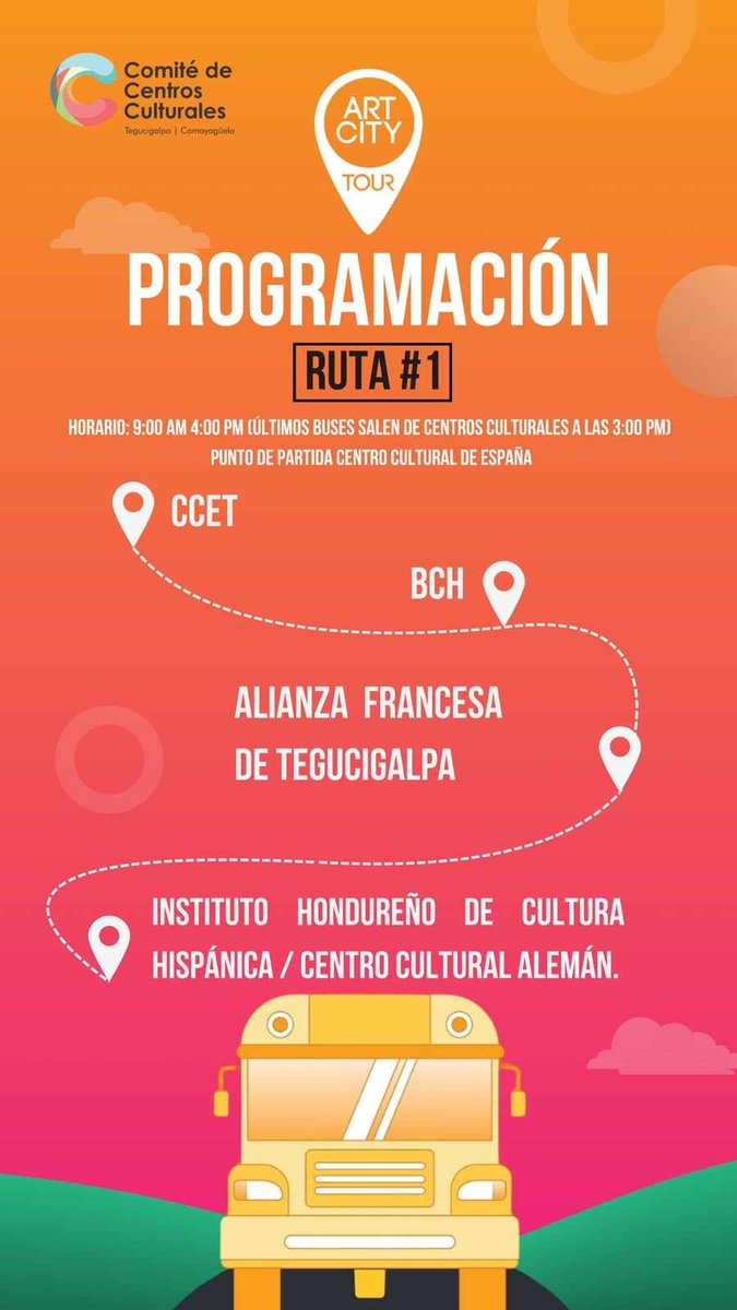¡Te presentamos la ruta #1 del ART CITY TOUR! 
Boletería ya a la venta en nuestra biografía o entrando a: eventu.app/artcitytour/

Centro culturales en ruta 1: 
- CCET 
- BCH 
- ALIANZA FRANCESA DE TEGUCIGALPA 
- INSTITUTO HONDUREÑO DE CULTURA HISPÁNICA / CENTRO CULTURAL ALEMÁN