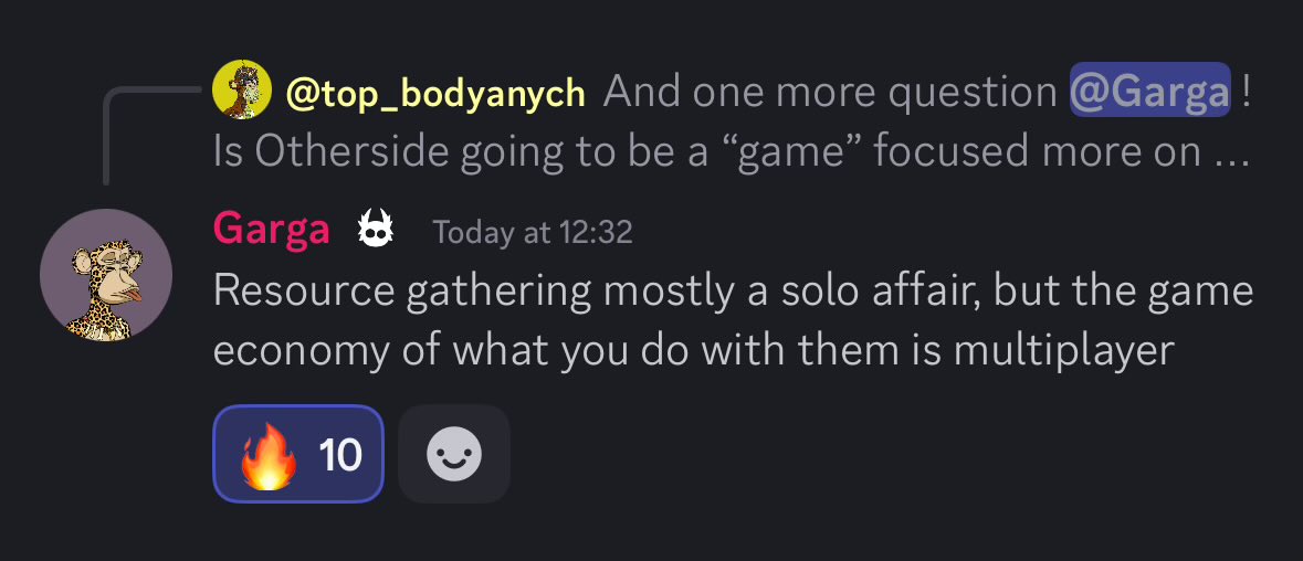 “Game economy of what you do with them is multiplayer.” 

Guess we should bring back the guild mentality… Otherside Gang was ahead of its time… too bad it folded. Sharing resources though Guilds may be a benefit after all  in <a href="/OthersideMeta/">Othersidemeta</a>. Info dump soon…