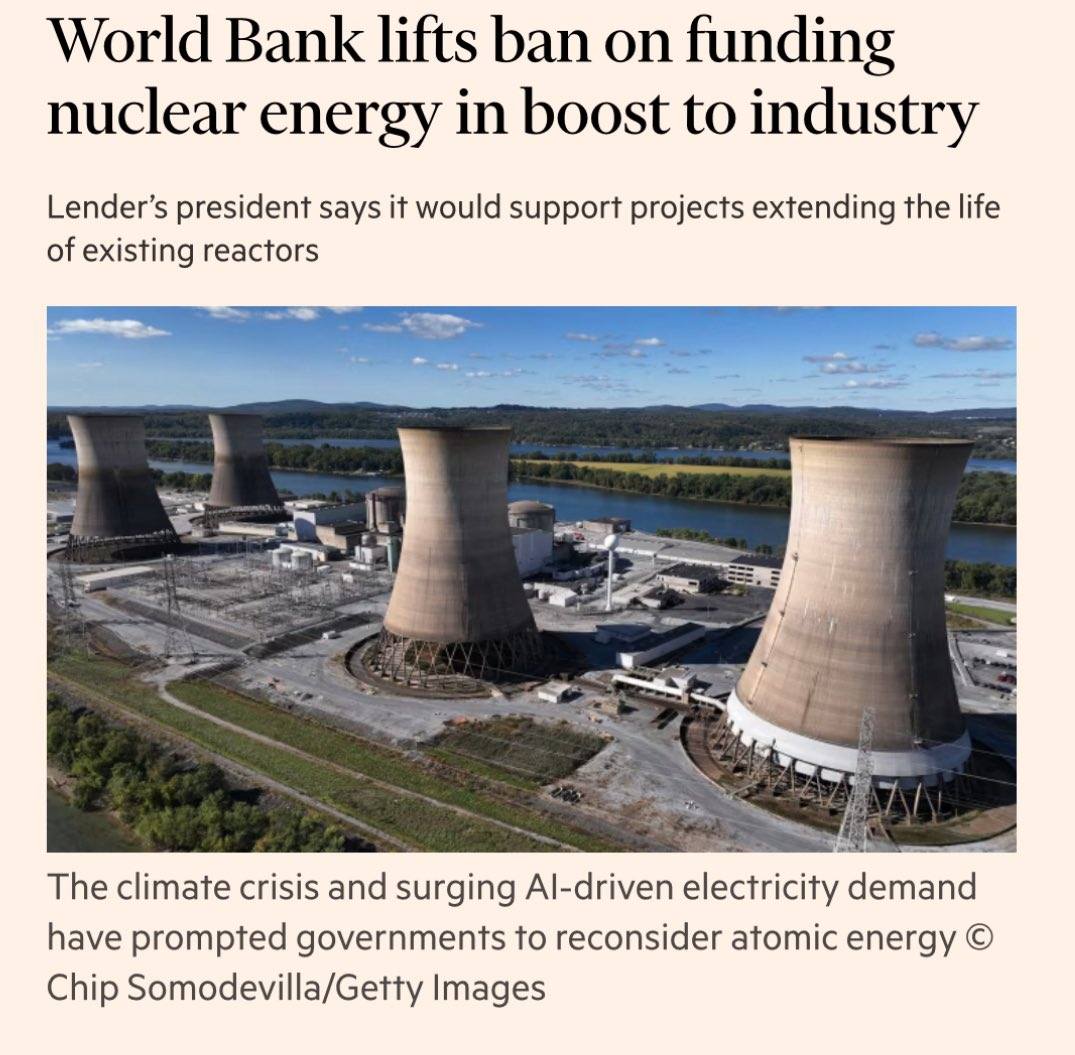 WePlanet Australia (@weplanetaus) on Twitter photo The World Bank has lifted their ban on funding nuclear energy after multiple decades!
It's time for <a href="/AlboMP/">Anthony Albanese</a> to lift Australia's ban on nuclear energy: act.weplanet.org/overturn-austr…
In an email to staff on Wednesday, Ajay Banga, the World Bank president, said it would “begin to The World Bank has lifted their ban on funding nuclear energy after multiple decades!
It's time for <a href="/AlboMP/">Anthony Albanese</a> to lift Australia's ban on nuclear energy: act.weplanet.org/overturn-austr…
In an email to staff on Wednesday, Ajay Banga, the World Bank president, said it would “begin to