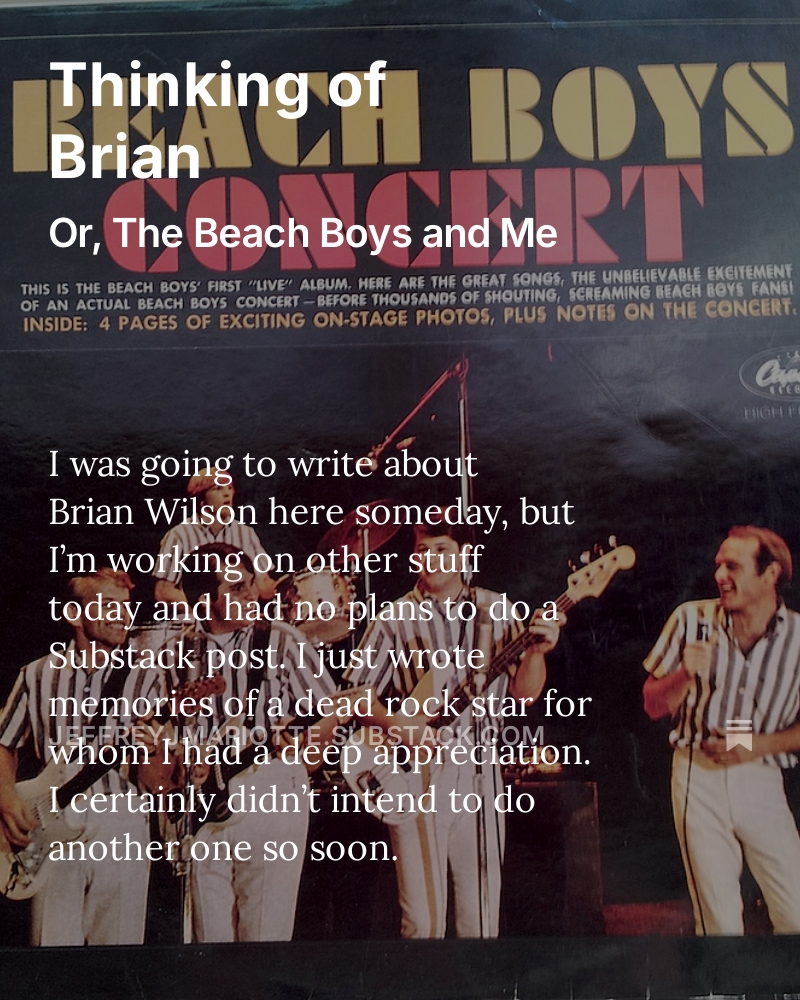I pulled together some thoughts about Brian Wilson, and got through it without weeping. I think I have to go listen to some music now. jeffreyjmariotte.substack.com/p/thinking-of-…