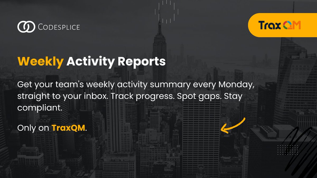 Codesplice Ltd (@codespliceltd) on Twitter photo Weekly Activity Reports
π¬ Get your team's weekly activity summary every Monday, straight to your inbox.
Track progress. Spot gaps. Stay compliant.
Only on TraxQM.
traxqm.com Weekly Activity Reports
π¬ Get your team's weekly activity summary every Monday, straight to your inbox.
Track progress. Spot gaps. Stay compliant.
Only on TraxQM.
traxqm.com