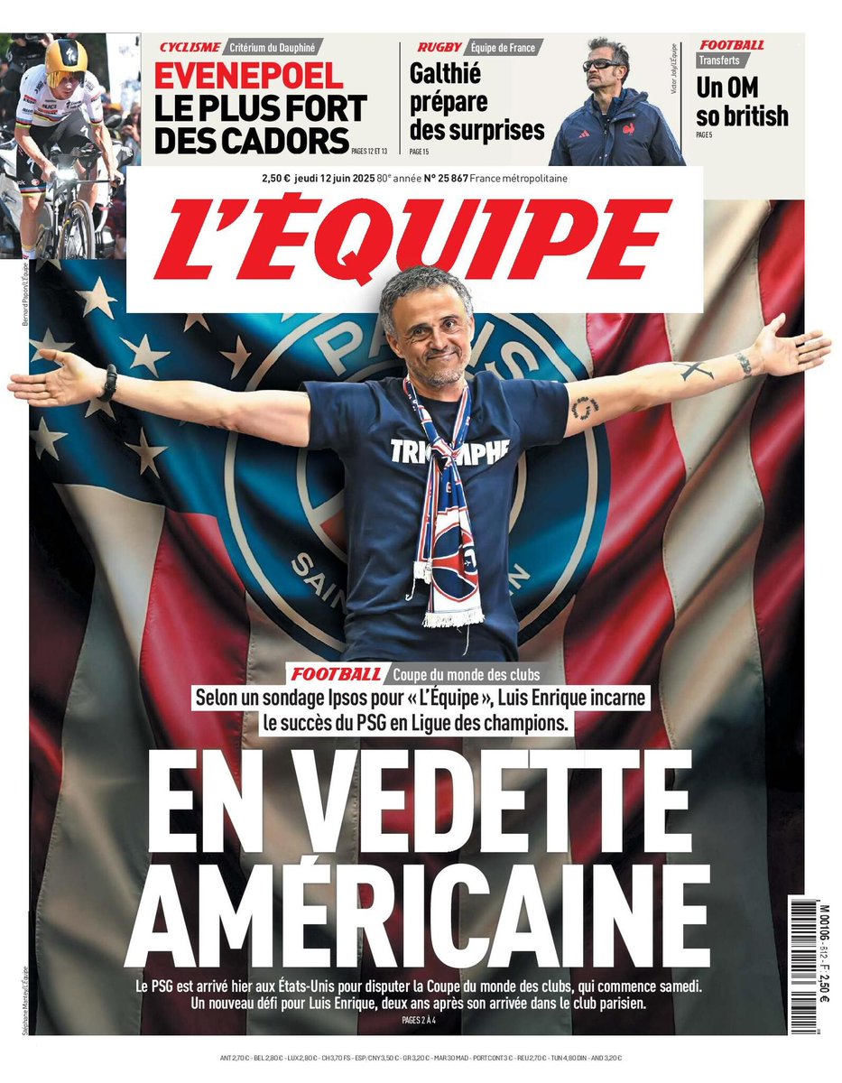 🗞️ La une du journal L'Équipe du jeudi 12 juin 2025
Pour lire votre édition ➡️ l.lequipe.fr/3yq