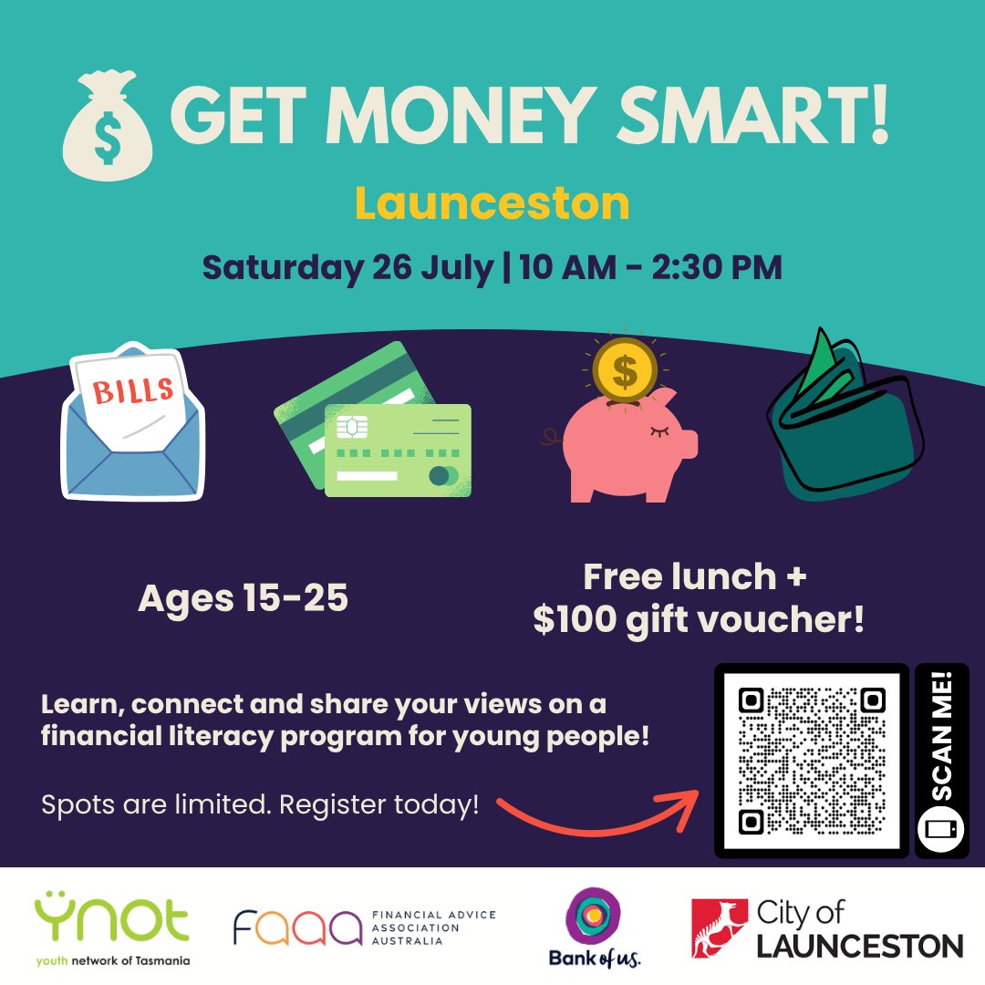 Helping young Tasmanians Get Money Smart 💡

We’re proud to support a free financial literacy workshop for 15–25 y/o's in Launceston, with <a href="/YNOT_Tas/">YNOT</a> &amp; <a href="/FAAA_Au/">Financial Advice Association Australia (FAAA)</a>. Learn budgeting, super &amp; more — plus lunch + $100 gift card!

📅 26 July

🔗 Register: eventbrite.com.au/e/1380057181179