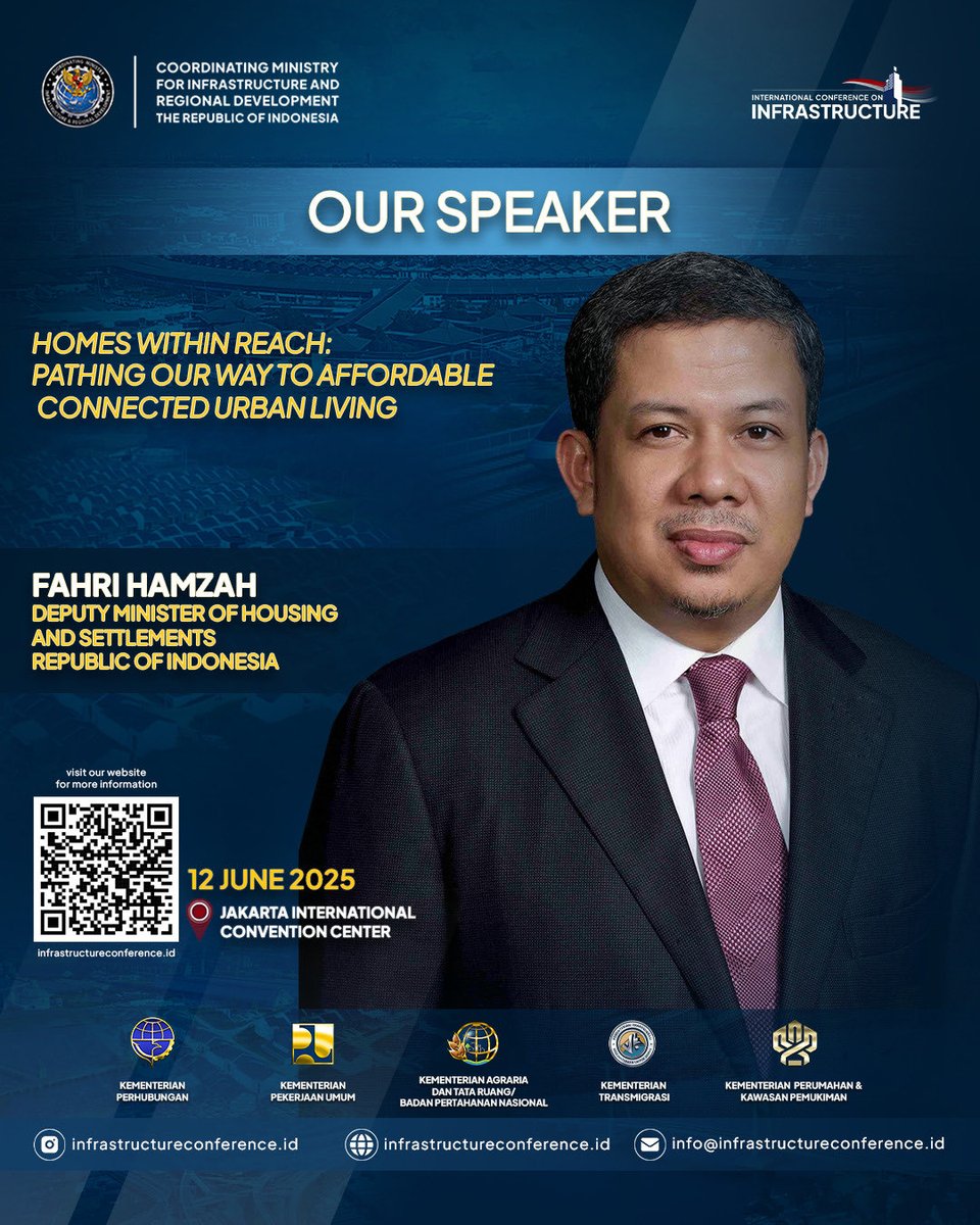 Wakil Menteri Pekerjaan Kawasan dan Pemukiman Republik Indonesia, H. Fahri Hamzah S.E., akan hadir sebagai Pembicara dalam International Conference on Infrastructure.

Dalam forum ini, Wakil Menteri Fahri Hamzah akan menyampaikan pandangan mengenai pentingnya pembangunan kawasan
