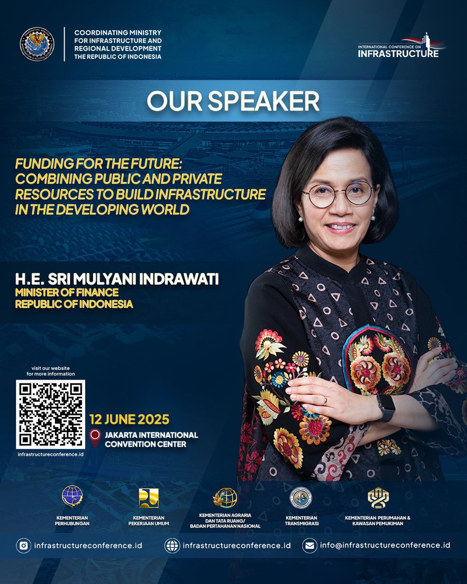 Menteri Keuangan Republik Indonesia, Dr. (H.C.) Sri Mulyani Indrawati, S.E., M.Sc., akan hadir sebagai Pembicara dalam International Conference on Infrastructure.

Menteri Sri Mulyani akan menyampaikan pandangan strategis mengenai kebijakan fiskal, pembiayaan