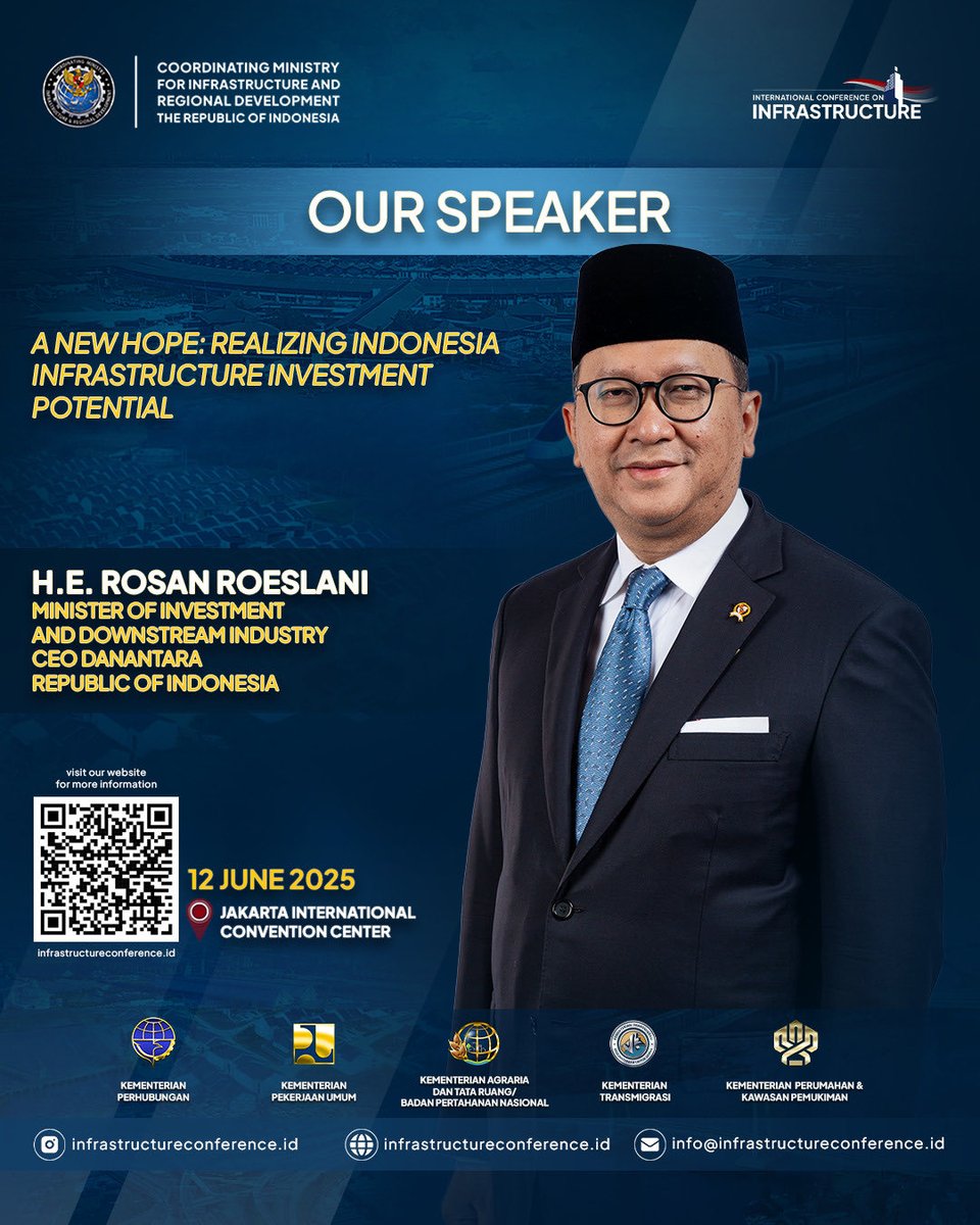 Menteri Investasi dan Hilirisasi Republik Indonesia, Rosan Perkasa Roeslani, S.E., M.B.A., akan hadir sebagai Pembicara dalam International Conference on Infrastructure.

Dalam sesi ini, Menteri Rosan Roeslani akan menyampaikan pandangan strategis mengenai arah kebijakan